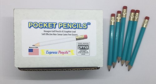 Express Pencils Half Pencils with Eraser - Golf, Pew, Short Mini Non Toxic - Hexagon, Sharpened, #2 Pencil, (Color - Light Turquoise), (Box of 72) half gross Golf Pocket Pencils