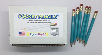 Express Pencils Half Pencils with Eraser - Golf, Pew, Short Mini Non Toxic - Hexagon, Sharpened, #2 Pencil, (Color - Light Turquoise), (Box of 72) half gross Golf Pocket Pencils