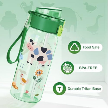 Tritan Kids Water Bottle for School, 18.6 oz Leakproof 2-in-1 Toddler Water Bottle with a Pop-up Detachbale Straw, Dishwasher Safe (Farm Animals) - color: Farm Animals
