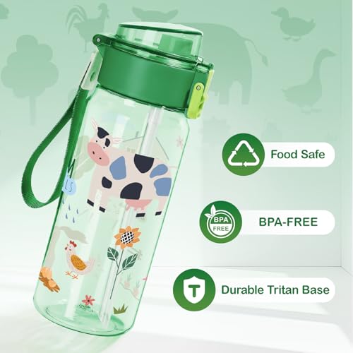 Tritan Kids Water Bottle for School, 18.6 oz Leakproof 2-in-1 Toddler Water Bottle with a Pop-up Detachbale Straw, Dishwasher Safe (Farm Animals) - color: Farm Animals