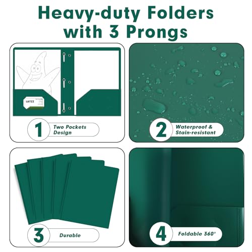 Plastic 2 Pocket Folders with Prongs, 30 Pack, Heavyweight, Letter Size Poly Folders with 3 Metal Prongs Fastener Clips (Green) - color: Green