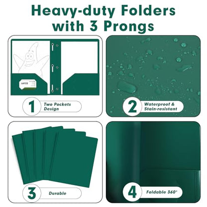 Plastic 2 Pocket Folders with Prongs, 30 Pack, Heavyweight, Letter Size Poly Folders with 3 Metal Prongs Fastener Clips (Green) - color: Green
