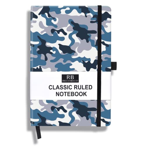 RICCO BELLO Lined Journal Notebook, Blue Camo, 5.7 x 8.4-Inches | Faux Leather Hardcover, Pen Holder, College Ruled, 96 Sheets / 192 Pages, For Work & Notes - color: Blue Camo