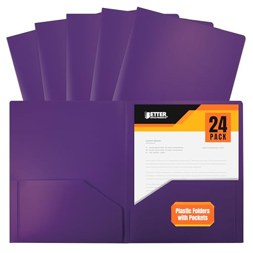 Better Office Products Heavyweight Plastic 2 Pocket Portfolio Folder, Letter Size Poly Folders 24 Pack (Purple) - color: Purple
