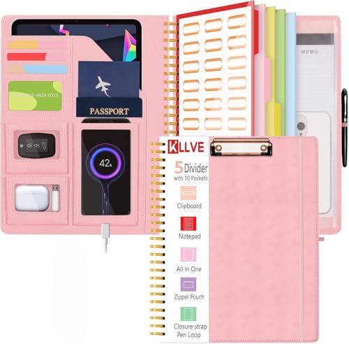 Pink Foldable Spiral Clipboard Folio with Storage Zipper Pouch, 5 Plastic Folders with Pockets,Refillable Lined Notepad (8.5" x 11"), Hardcover Project Organizer with 39 Stickers - color: Pink