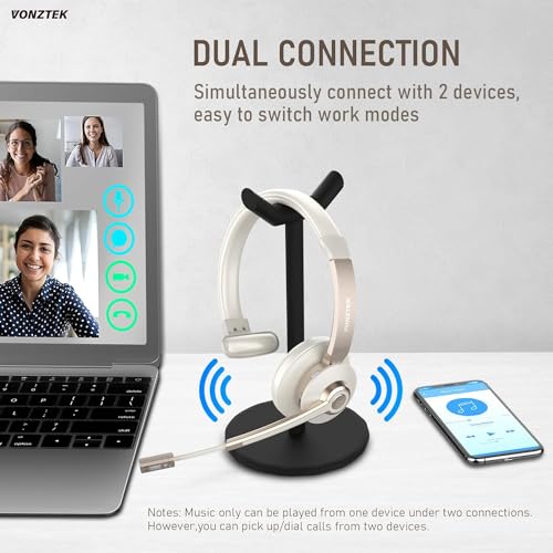 Wireless Headset, Bluetooth Headphones with Microphone Noise Canceling & Mute, 5.0 Trucker Bluetooth Headset with Mic/USB Dongle for Cell Phone Computer Work Office Teams Meeting Call Center - color: Champagne Gold & White