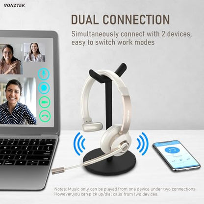 Wireless Headset, Bluetooth Headphones with Microphone Noise Canceling & Mute, 5.0 Trucker Bluetooth Headset with Mic/USB Dongle for Cell Phone Computer Work Office Teams Meeting Call Center - color: Champagne Gold & White