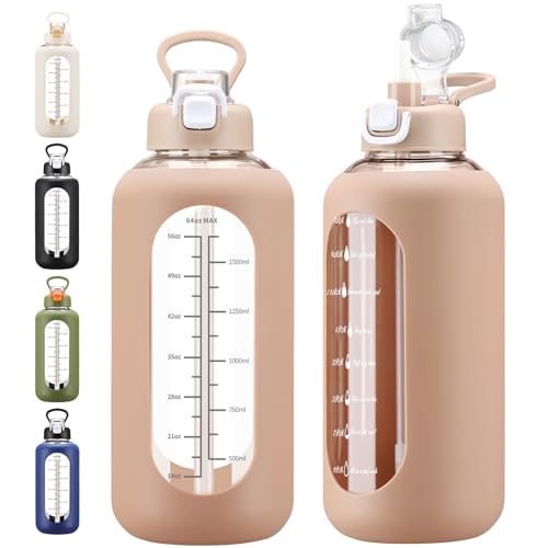 chunmo 64 oz Glass Water Bolttles with Straw Half Gallon Large Motivational Water Bottle with Time Marker Sports Water Bottles with Silicone Sleeve and Handle Lid Water Jug for Gym Workout - color: Khaki, size: 64 Ounces