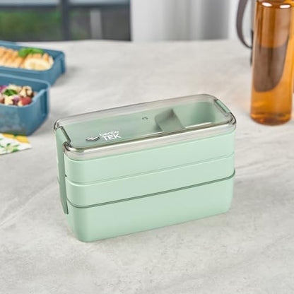Bento Tek 30 Ounce Bento Box, 1 Stackable 3 Compartment Lunch Container - With Fork And Knife, Does Not Contain BPA, Green Plastic Reusable Lunch Box, Microwavable, Dishwashable - Restaurantware - size: 1 Count, style: 30 oz - Green