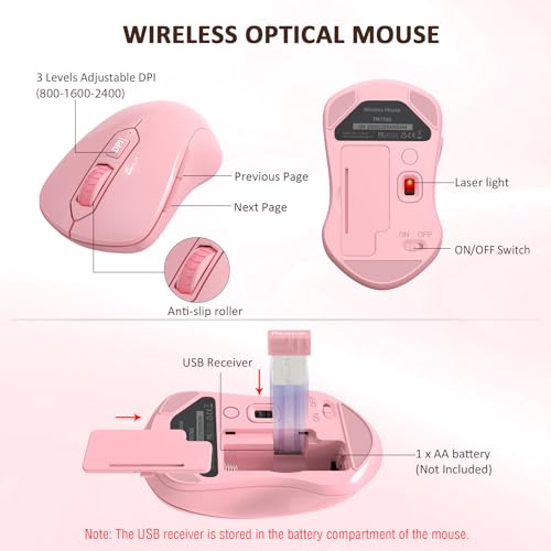Wireless Keyboard and Mouse Combo, EDJO 2.4G Full-Sized Ergonomic Computer Keyboard with Wrist Rest and 3 Level DPI Adjustable Wireless Mouse for Windows, Mac OS Desktop/Laptop/PC (Pink) - color: Full Pink