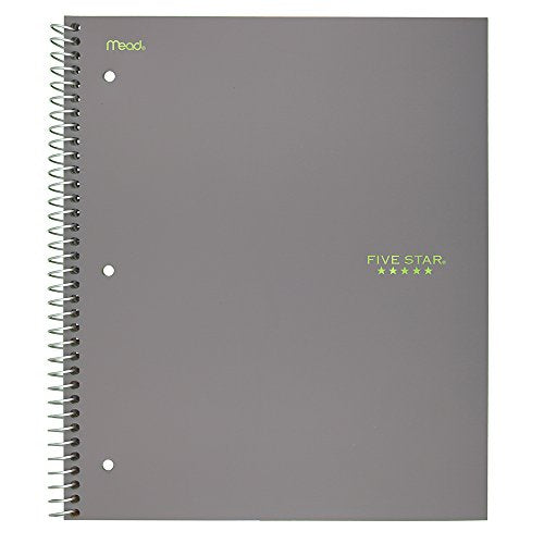 Five Star Spiral Notebook, 3 Subject, College Ruled Paper, 150 Sheets, 11" x 8-1/2", Gray (73625) - color: 06 Gray