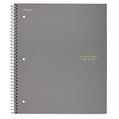 Five Star Spiral Notebook, 3 Subject, College Ruled Paper, 150 Sheets, 11" x 8-1/2", Gray (73625) - color: 06 Gray