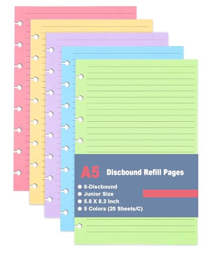 Junior Size Refills Paper, A5 Loose Leaf Paper for TUL Custom Note-Taking System Discbound Notebook Planner Inserts, 5 Colors(20 Sheets/C), Total 100 Sheets/200 Pages, College Ruled, 5.8 X 8.25 Inch