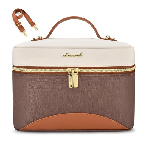 LOVEVOOK Insulated Lunch Bag for Women,Adult Lunch Box for Women,Leakproof Cooler Bag for Office Picnic Hiking Beach,Lunch Tote Bag with Adjustable Shoulder Strap - color: Khaki with Off White with Brown, size: Medium