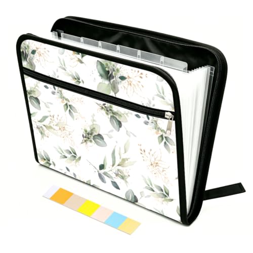 WEBEEDY 13 Pocket Expanding File Folder Portable Document Organizer with Zipper and Labels, A4 Size Accordion File Organizer for Travel Office Home Bill Letter Receipt (Watercolor Leaves Pattern)