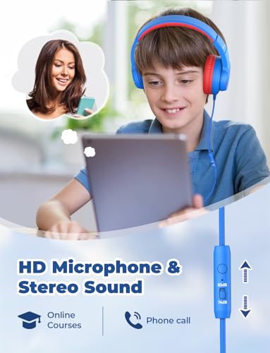 iClever Kids Headphones for School Travel, Safe Volume Limited, HD Mic Stereo Sound Over-Ear Girls Boys Headphones for Kid, FunShare Foldable 3.5mm Wired for iPad Computer, HS19 - color: Blue