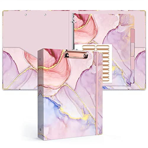 Lateefah 3 Ring Binder, 1 Inch Round Ring Binder with 5 Tab Dividers, Cute Clipboard Binders with 2 Pockets, Decorative Three Ring Binder for Women, School and Office Supplies - color: Pink Marble, size: 1'' Ring(Letter Size)