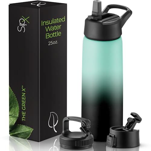 SipX™ 25 oz Insulated Water Bottle with 3 Lids – Leakproof Stainless Steel, Triple Insulated – Cold 24 Hours/Hot 12 Hours – Durable Bottle for School, Gym, Travel – Gradient Mint Black - color: Gradiant Mint Black, size: 25 Ounces