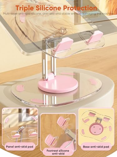 360 Degree Rotating Tablet Phone Holder Height Adjustable, Portable IPad Stand Transparent and Foldable, Adjustable Tablet Holder for iPad Air 5/4/Mini 6/Mini 5/10.2/Pro 12.9/Pro 11, Monitor, Pink - color: Pink