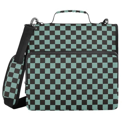 Green Teal Black Checkered Binder Bag 3 Ring Zipper Binders with Shoulder Strap for School Office Organizer Storage - color: Q011