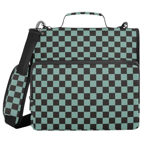 Green Teal Black Checkered Binder Bag 3 Ring Zipper Binders with Shoulder Strap for School Office Organizer Storage - color: Q011