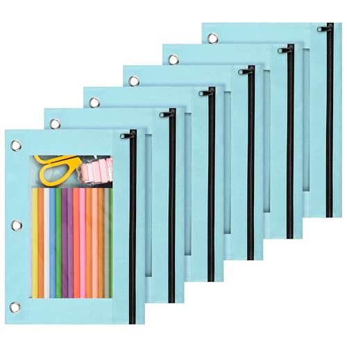 Lanpn Pencil Pouch for 3 Ring Binder 6 Pack, Pastel Binder Pen Bags with Zipper, 3 Holes Pencil Holder Stationary Organizer for Boy Girl Kids School Student, Reinforced Grommets & Clear Window, Blue - color: Blue, size: 6 Pack
