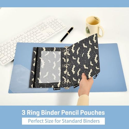Binder Pencil Pouches, Bats and Stars Pencil Case with Clear Window 3 Rings Pen Case Holder School Office Supplies Cosmetic Makeup Bag - color: Bats and Stars