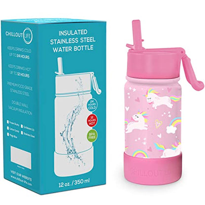 CHILLOUT LIFE 12oz Kids Insulated Stainless Steel Water Bottle with Leak Proof Straw Lid & 144 Stickers - color: Pink Unicorn, style: 12 oz