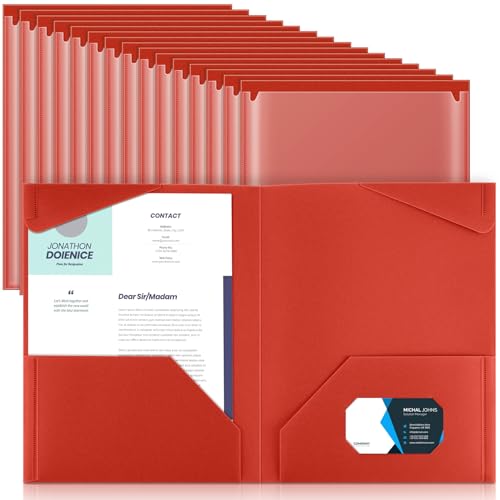 Henoyso 36 Pack Red Plastic Folders with Clear Front Pockets Heavy Duty File Folders with 2 Pockets and Card Slot for Student Communication School Office Presentation Report - color: Red