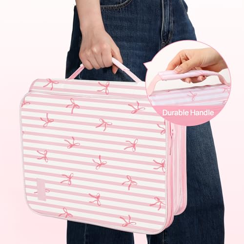 SUNEE Zippered Binder Bag with Handle, 2-Inch 3-Ring O-Ring, 500-Sheet Capacity, Includes Zip Pocket, 5-Tab Expanding File Folder, Multi-Pocket Organizer Binder for Middle School, Pink Bow - color: Pink Bow