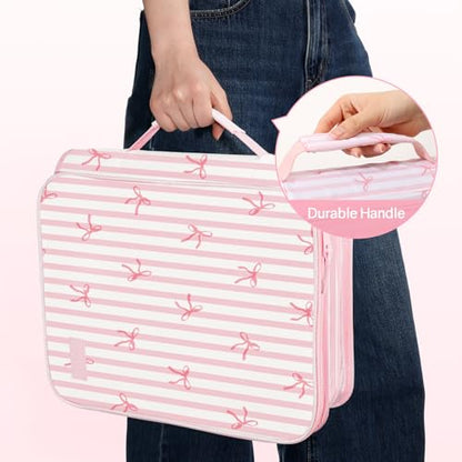 SUNEE Zippered Binder Bag with Handle, 2-Inch 3-Ring O-Ring, 500-Sheet Capacity, Includes Zip Pocket, 5-Tab Expanding File Folder, Multi-Pocket Organizer Binder for Middle School, Pink Bow - color: Pink Bow