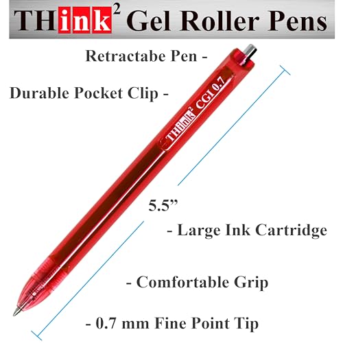 [24 Pens - Red Ink] Think2 0.7mm CGI Retractable Gel Pens. (24 Red) Medium Point Rollerball Pens with Smooth Quick Drying Ink. - color: Red