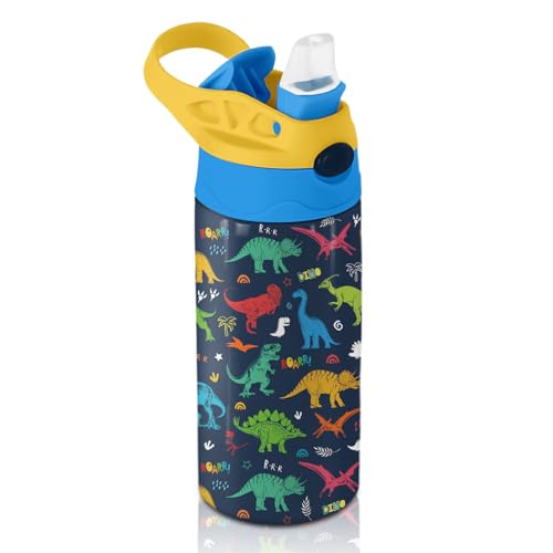 Dinosaur Gifts for kids - 12oz Kids Water Bottle with Straw, Colorful Dino Stainless Steel Water Bottle, Insulated, Leak-proof, BPA-free, Pop-up Straw Lid, for School - Teens Birthday Gift Cup(1pc) - color: Colorful Dino