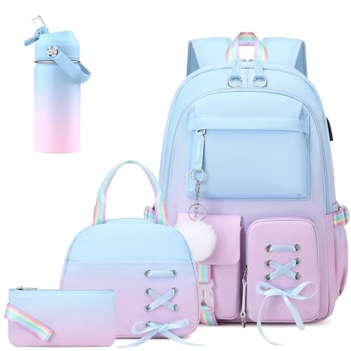 ACESAK Kids School Backpack for Girls, 4-In-1 Bookbag Backpack Set with 14OZ Insulated Kids Water Bottle(Blue Purple) - color: Blue-to-pink/Purple Gradient