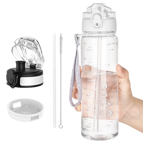 OLDLEY Kids Water Bottle for School, 17 oz (2 lids) BPA-Free Reusable Leak-proof Durable Tritan Plastic Water Bottles with Straw & Chug Lids, Anti-dust Spout Cover (Clear) - color: A-Clear, size: 16.9 Ounces