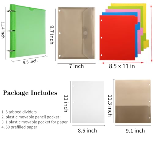 Pivotable Refillable Notebook, 1 Inch 3 Ring Notebook Binder, 50 College Ruled Paper, 5 Subject Notebook with Dividers and Folder Pockets, Tabs- Green - color: Green, size: 1 PCS