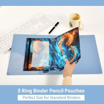 Red Fire Blue Ice Dragon Binder Pouches 3 Ring for Boys Girls School Office College Supplies Dinosaur Legend Lightning Pencil Pouches Case Bag with Clear Window and Zipper 2 Pack - color: Dragon