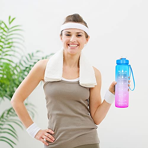 32oz Motivational Water Bottle with Time Marker Ensure You Drink Enough Water Throughout the Day - BPA Free & Portable Reusable Water Bottles for Fitness, Gym and Outdoor Sports (Blue/Pink-A2)