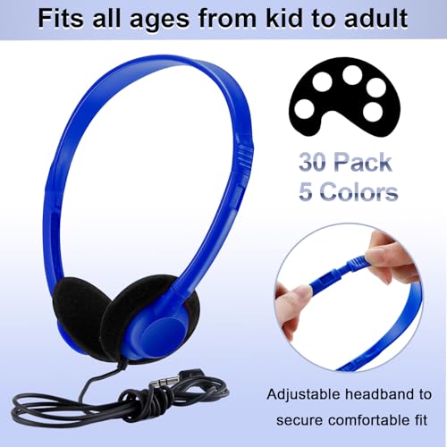 Yunsailing 30 Pack Bulk Headphones Set Over Ear Headphones with Adjustable Headband 3.5mm Plug Headsets Earphones for Learning Program, Computer Lab, Library, Testing & Multimedia Use (Vivid Color) - color: Vivid Color
