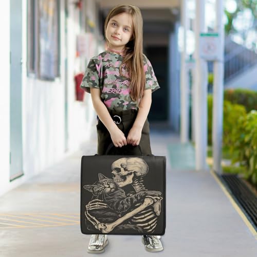 3 Ring Zipper Binder with Shoulder Strap Black Skulls Cats Gothic Style Binder Bag - color: Multicolored 06