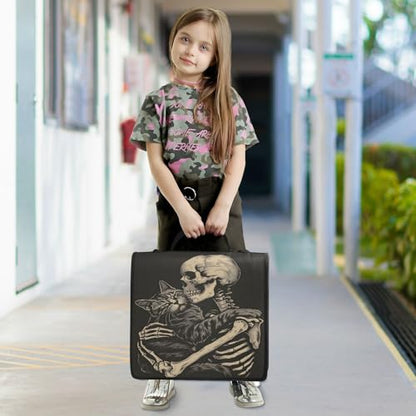 3 Ring Zipper Binder with Shoulder Strap Black Skulls Cats Gothic Style Binder Bag - color: Multicolored 06