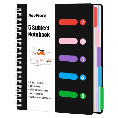 Subject Notebook Wide Ruled, 8.5x11inch Hardcover 5 Subject Lined Spiral Notebook with Dividers Tabs for School Note Taking Office Journal, 220 Pages, Black - color: Black