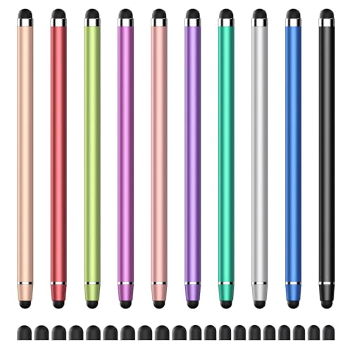 10 Pack Stylus Pen for Touchscreen, 2-in-1 Universal Pen for iPad iPhone | High Sensitivity,Soft Rubber Tips,No Charging,Alloy Body,Suitable for iPad iPhone Android Tablets Nintendo Switch,20 Tips - color: Black/Purple/Blue/Siliver//Green/Pink/Red