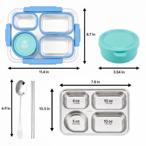 Large 10 x 7.5" Stainless Steel Bento Lunch Box with 4 Compartments Leakproof Lid BPA-Free 304 Stainless Steel Food Container That Keeps Food Separate for Adults and Kids School Office and Travel,Blue - color: Blue