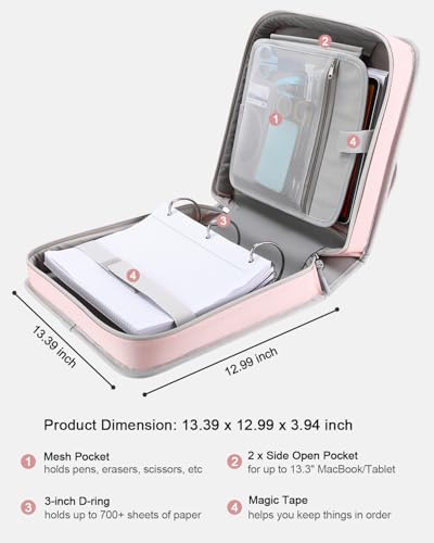 3" D-ring Zipper Binder with 700+ Sheets Capacity | 3-ring Zip Up Binder with Shoulder Strap for School, College, Office, Compatible with 13" MacBook/Tablet, Light Pink - color: Light Pink