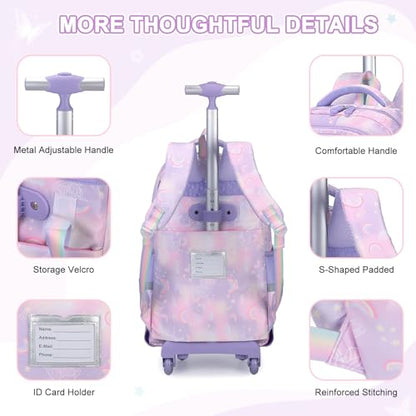 Scothen Rolling Backpack for Girls, 3PCS Roller School Backpacks for Girls with Lunch Bag and Pencil Pouch, Kids Bookbag Schoolbag with Wheels for Teen Girl Kindergarten Elementary Middle School - color: Purple