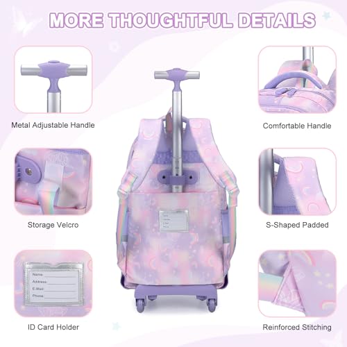 Scothen Rolling Backpack for Girls, 3PCS Roller School Backpacks for Girls with Lunch Bag and Pencil Pouch, Kids Bookbag Schoolbag with Wheels for Teen Girl Kindergarten Elementary Middle School - color: Purple