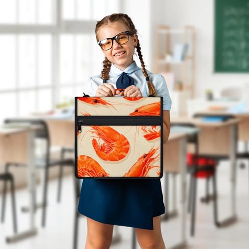 Shrimp Ocean Food Zipper Binder, 3 D-Ring Expanding File Folder with Handle & Adjustable Shoulder Strap, 400 Sheets Capacity Multi-Pocket Organizer for 13 Inch Laptop - color: Shrimp Ocean Food