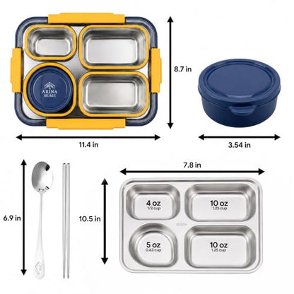Large 10 x 7.5" Stainless Steel Bento Lunch Box with 4 Compartments Leakproof Lid BPA-Free 304 Stainless Steel Food Container - Keeps Food Separate for Adults and Kids School Office and Travel, Yellow - color: Yellow