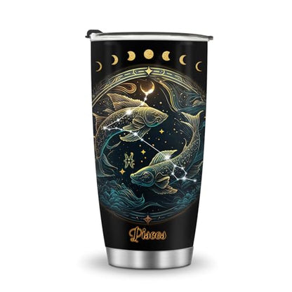 Horoscope Pisces Insulated Tumblers Travel Mug Cup Gifts for Birthday Boys Girls Men Women Son Daughter Travel Essentials Accessories Must Have Cold Iced 20oz - color: Pisces-650